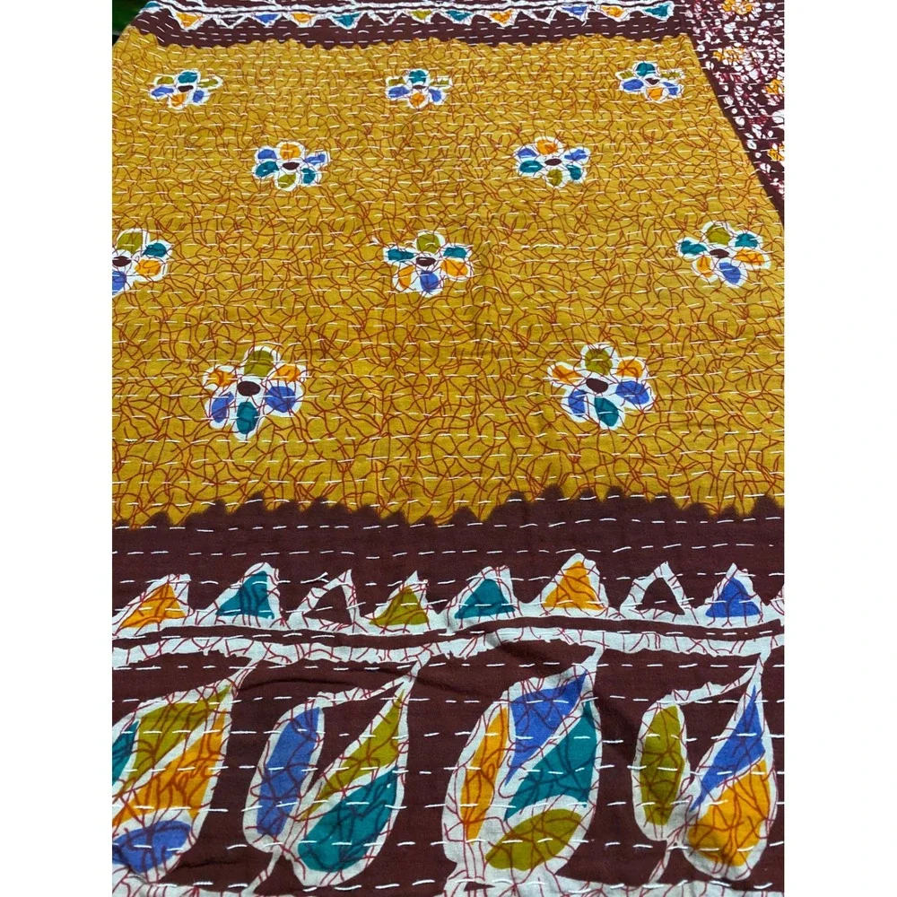 Handmade Indian Kantha Quilt Reversible Cotton Throw Blanket Red Yellow Paisley
